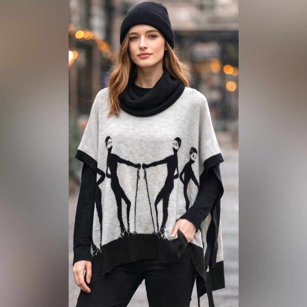 Krimson Klover Après Ski Merino Wool Graphic Oversized Cozy Poncho Sweater‎
